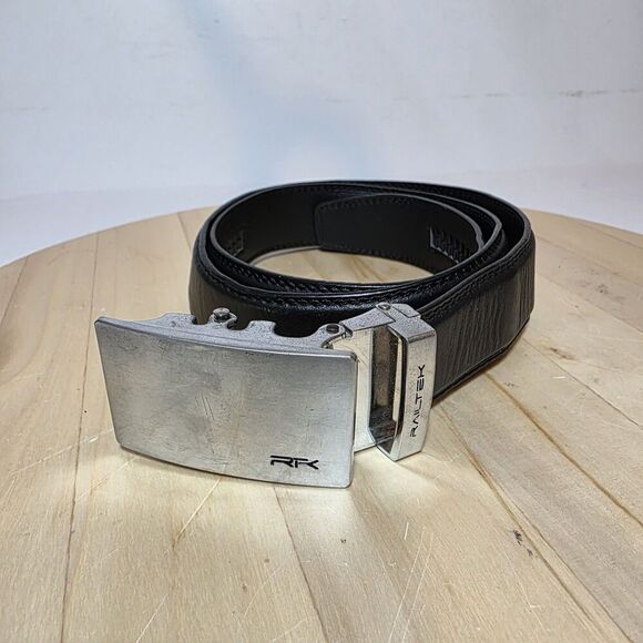 Railtek Dull Metal Frame Latch Clamp Belt Buckle With Size 33 Black Leather Belt - Picture 1 of 7
